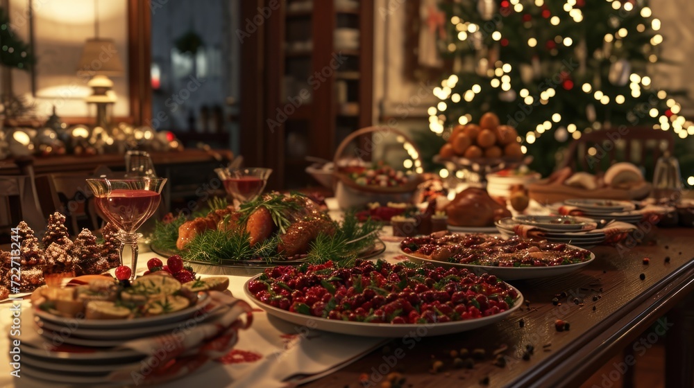 a table filled with plates of food and a christmas tree in the background with lights in the corner of the room. a table filled with plates of food and a christmas tree in the background with lights in the corner of the room.