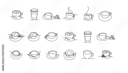 Cup continuous line art. Coffee or tea cup one line drawing. Hot drink with steam