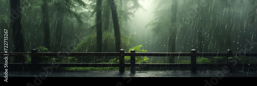 A wooden bridge for walking through the forest. There are big trees, rain falling in the forest with nature.