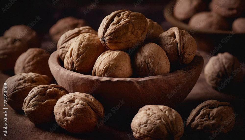 Walnut, wooden bowl, large quantity, close-up Walnut, wooden bowl, large quantity, close-up