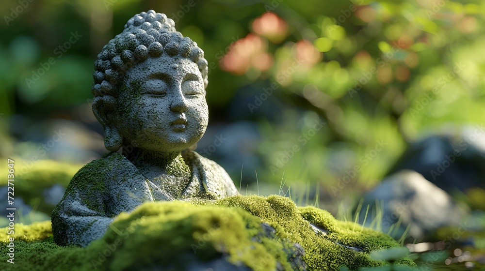Tranquil Zen: Meditating Buddha Statue Amid Fresh Green Lushness