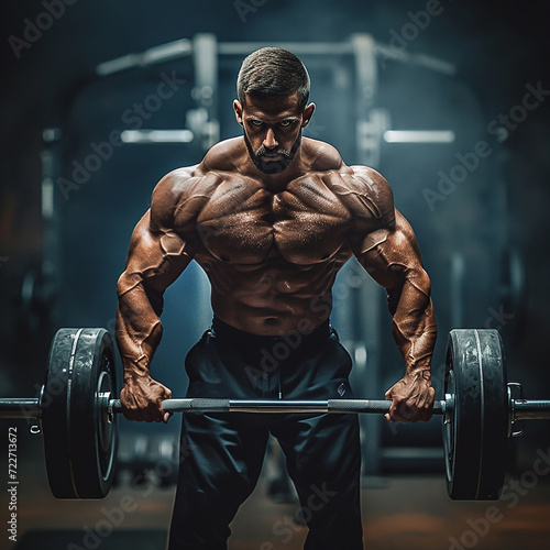 Muscular bodybuilder guy doing exercises with dumbbells in gym