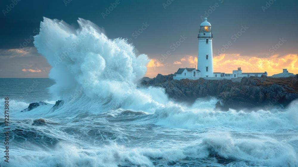  a lighthouse in the middle of the ocean with a large wave crashing in front of it and a sunset in the background.