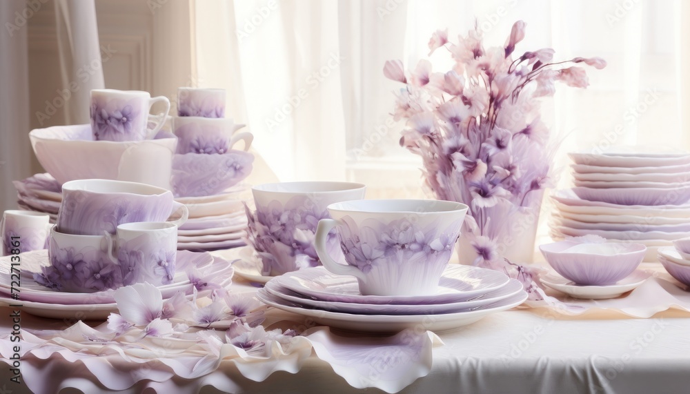  a table that has a bunch of cups and saucers on it and a vase of flowers in the middle of the table.