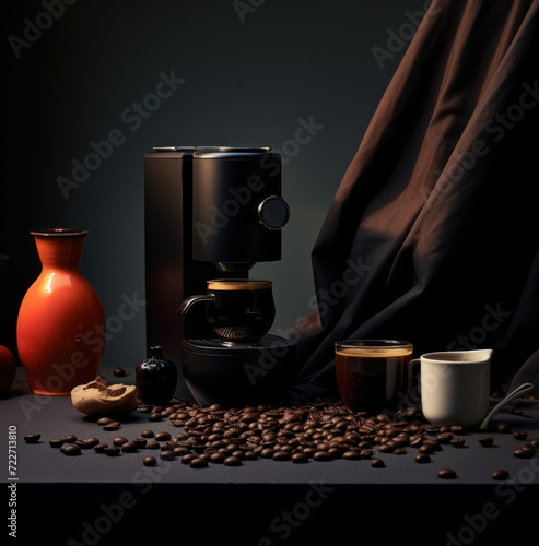  a coffee maker sitting on top of a table next to a cup of coffee and a vase of coffee beans.