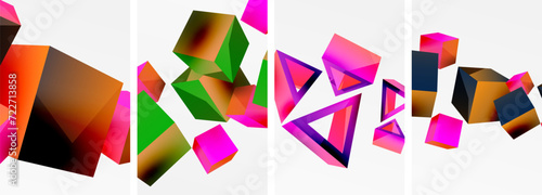 Flying 3d shapes, cubes and other geometric elements background design for wallpaper, business card, cover, poster, banner, brochure, header, website