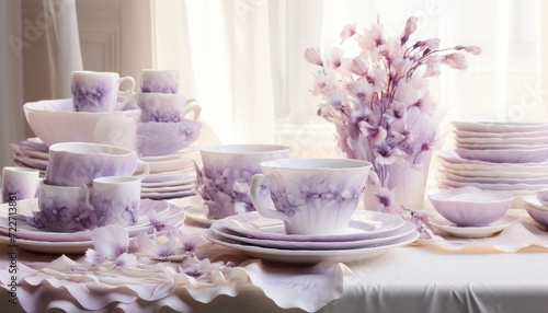  a table that has a bunch of cups and saucers on it and a vase of flowers in the middle of the table.