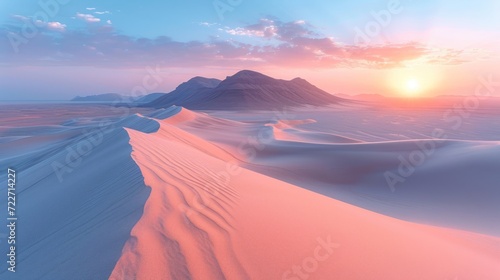  a desert landscape with sand dunes and a mountain range in the distance with the sun rising over the top of the mountain.