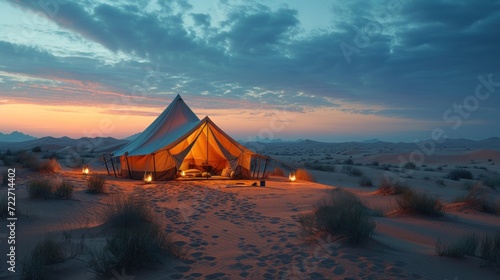  a tent set up in the middle of the desert with candles lit in front of it and a sky filled with clouds.