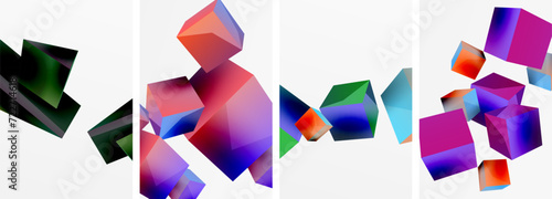 Flying 3d shapes, cubes and other geometric elements background design for wallpaper, business card, cover, poster, banner, brochure, header, website