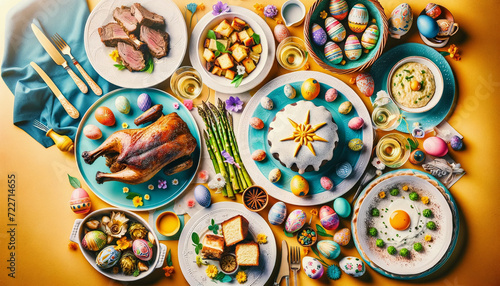Top-down view of an Easter lunch, featuring roasted lamb, asparagus risotto, artichoke hearts, and Colomba Pasquale, with bright, festive decorations