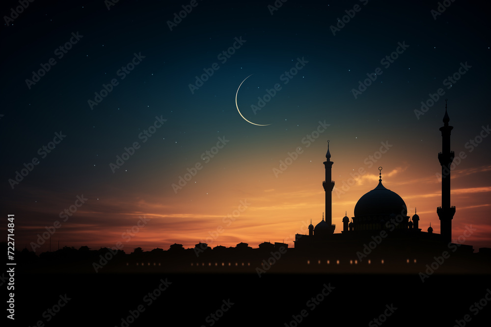 Silhouette of mosque at night. Ramadan Kareem background.