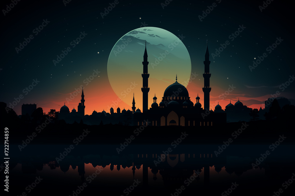 Mosque silhouette on a background of the full moon. Vector illustration
