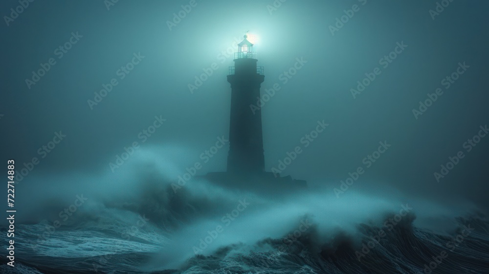  a lighthouse with a light on top of it in the middle of a body of water with waves in front of it.