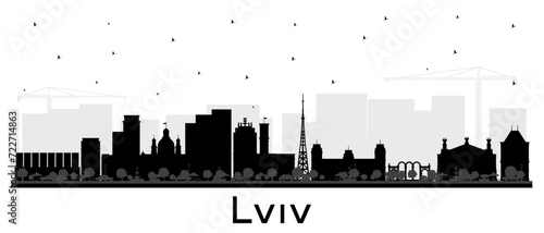 Lviv Ukraine City Skyline silhouette with black Buildings isolated on white. Lviv Cityscape with Landmarks. Business Travel and Tourism Concept with Historic Architecture.