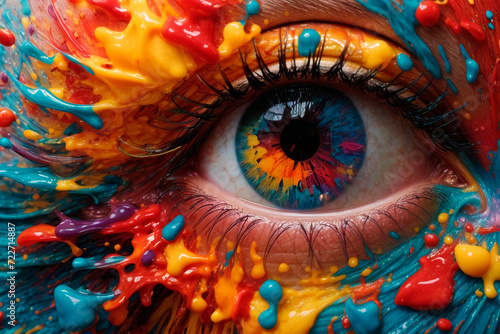 A close-up of a woman's eye decorated with multicolored paints.