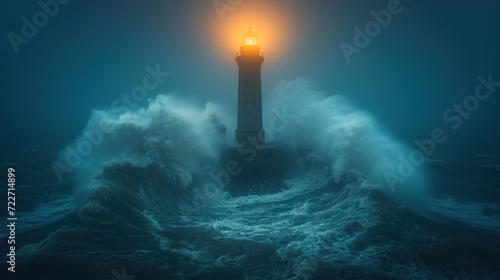  a lighthouse in the middle of a body of water with a light on top of it in the middle of the ocean.