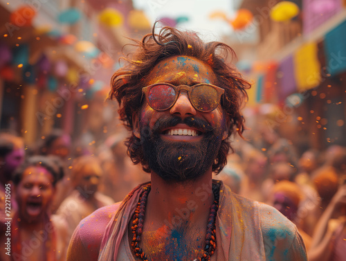 Vibrant colors of Holi, portrait of a young Indian celebrating Holi