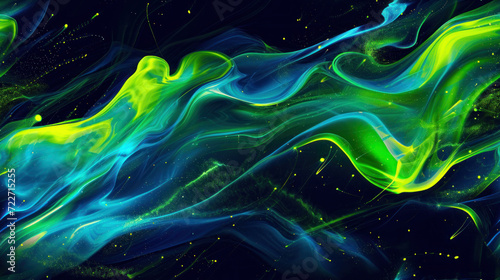  a computer generated image of green and blue swirls on a black background, with stars in the sky in the background.