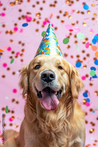 Joyful Celebration, Cute Golden Retriever Dog Wearing a Colorful Birthday Hat with Cheerful Demeanor.