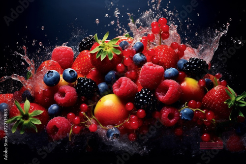 Food concept. Explosion in water of various colorful and fresh looking berries. Dark background with copy space