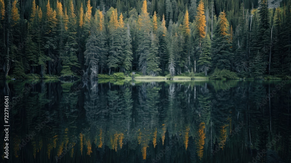  a forest filled with lots of trees next to a body of water with a lake in the middle of it.