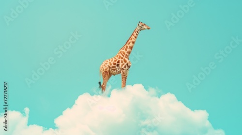  a giraffe standing on top of a cloud in a blue sky with a bright sun in the background. © Olga