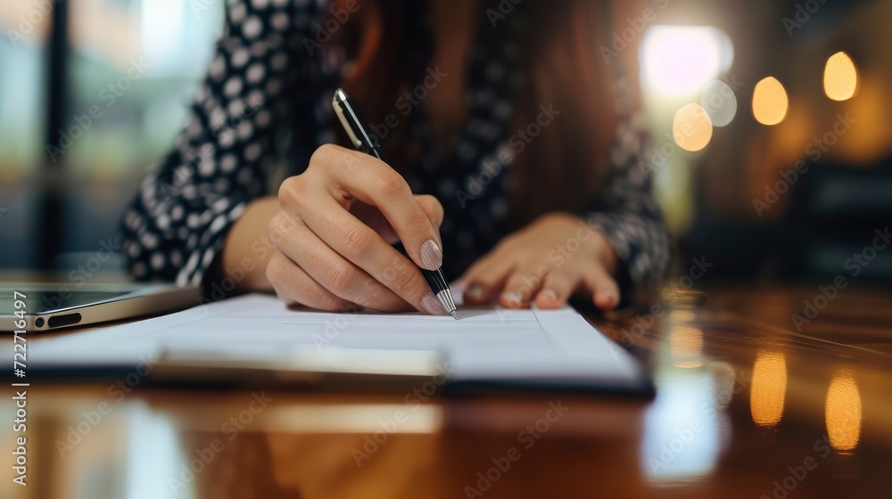 Businesswoman signing a contract - obrazy, fototapety, plakaty 