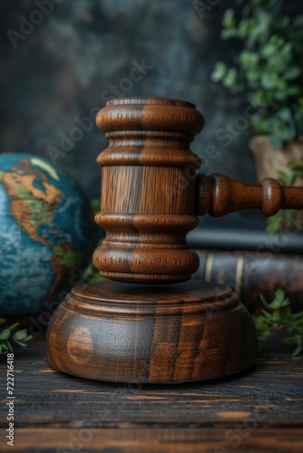 Global Values Unite, Gavel and Green Eco Earth Globe - A Concept Symbolizing International Law, Sustainable Environment, and Future Global Values