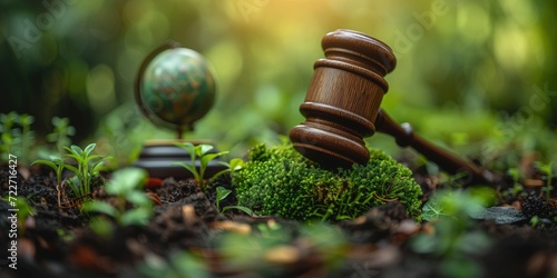 Global Values Unite, Gavel and Green Eco Earth Globe - A Concept Symbolizing International Law, Sustainable Environment, and Future Global Values