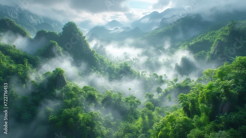 Cinematic Green Forest and Mountain Landscape  Enveloped in Dense Fog and Mist  Creating a Volumetric Atmospheric Scene