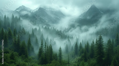 Cinematic Green Forest and Mountain Landscape, Enveloped in Dense Fog and Mist, Creating a Volumetric Atmospheric Scene