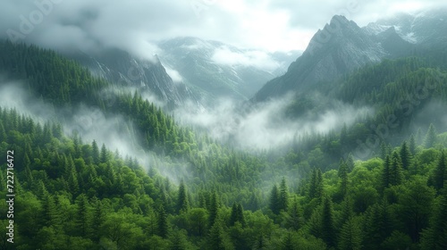 Cinematic Green Forest and Mountain Landscape, Enveloped in Dense Fog and Mist, Creating a Volumetric Atmospheric Scene © MdBaki