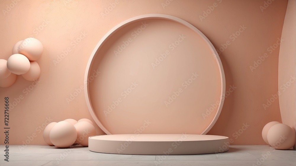 Fototapeta premium Blank backdrop made from cement material.Empty peach fuzz background and stand display Realistic 3D render