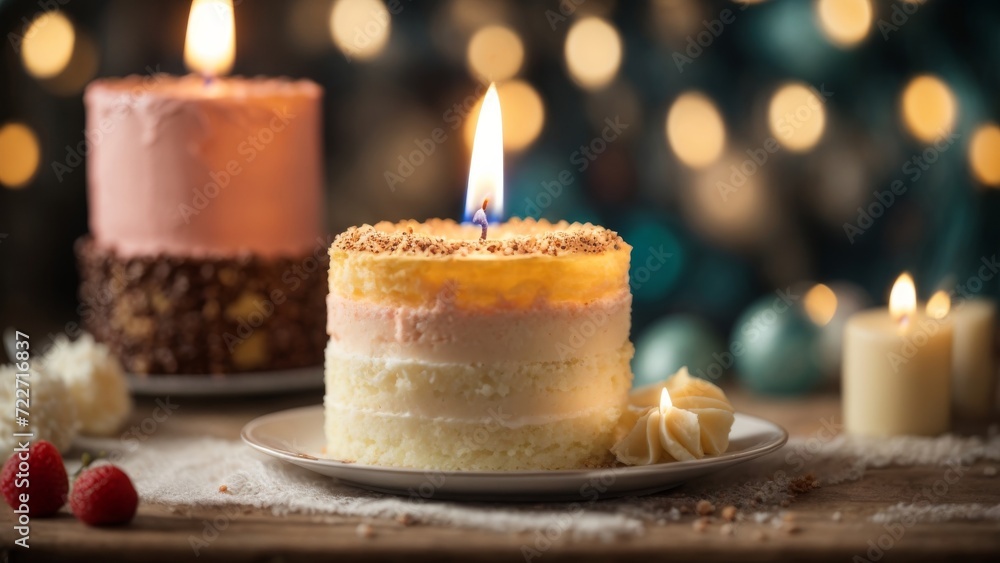 Birthday cake with lit candles on table on blurry light background celebrate anniversary happy holiday generative ai