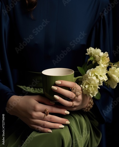  a close up of a person holding a cup with a bouquet of flowers in front of a dark blue background.