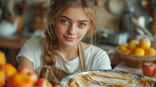 jeune fille blonde, adolescente, tend une assiette remplie de crêpes saupoudrées de sucre glace, pour la Chandeleur. Elle est dans sa cuisine et porte un tablier et est entourée de pommes. photo