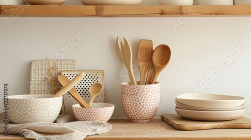  a shelf with bowls, spoons, and utensils sitting on top of a wooden table in front of a white wall. photo