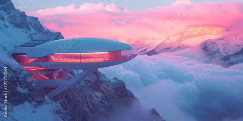 Futuristic Building Amidst Mountains with Clouds, A Surreal and Magical Realism Scene with a Blue and Pink Color Palette, Embraced by a Gentle Glow . © MdBaki