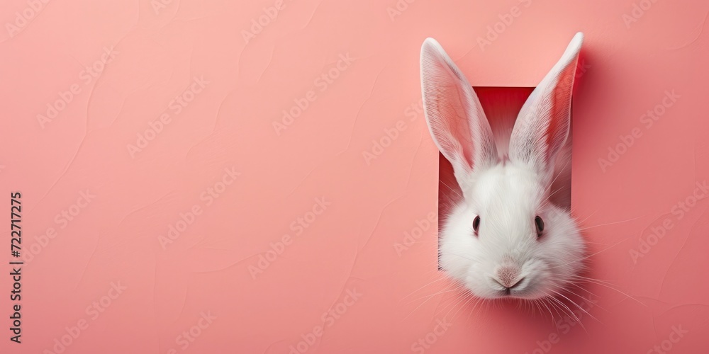 Obraz premium Easter Bunny Concept, White Rabbit Ear Emerging from a Hole in a Pastel Pink Paper Background