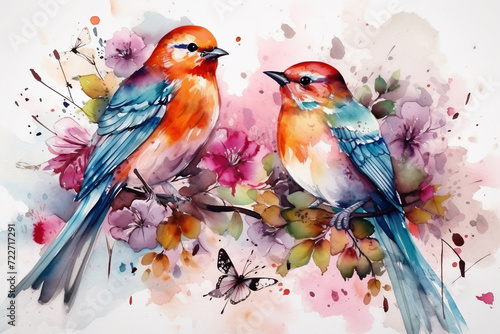 Nature and animals concept. Composition of colorful birds and flower blossoms in watercolor drawing style © Rytis