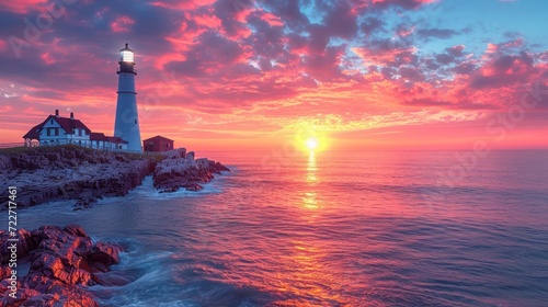  a lighthouse sitting on top of a cliff next to a body of water under a cloudy blue and pink sky.