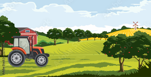 Plantation, tractor, fields, trees and agriculture vector illustration for poster, background or cover