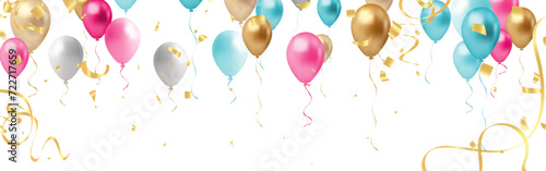 Happy birthday background with balloons and confetti. Vector Illustration.
