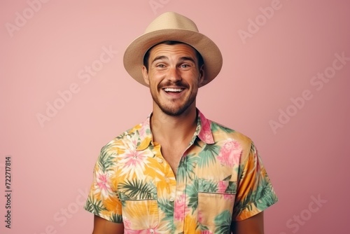 Portrait of a happy young man in summer shirt and hat over pink background