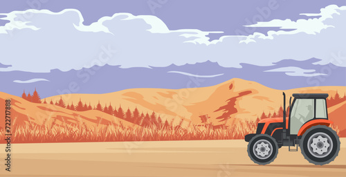 wheat plantation with harvester tractor, in the background of mountains and clear sky. agricultural vector