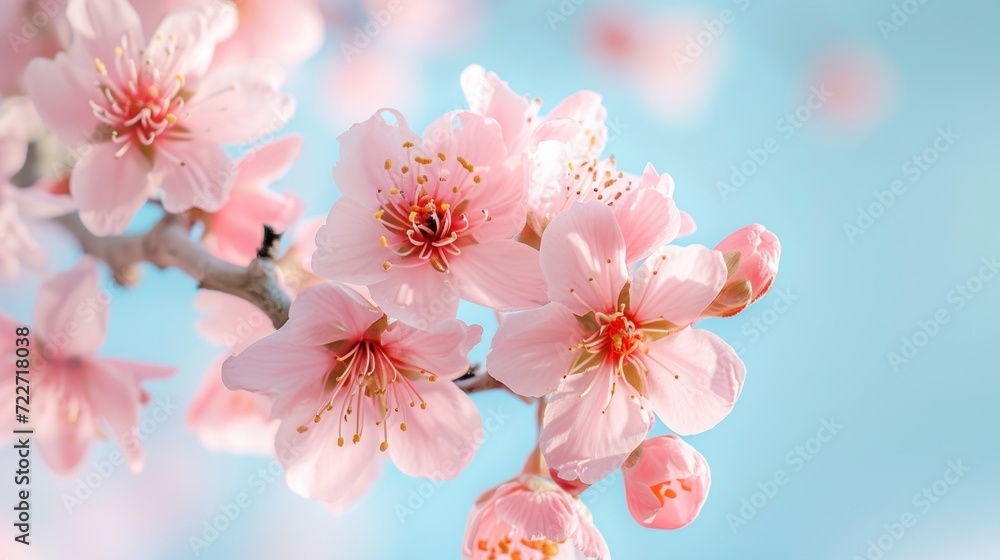  a close up of pink flowers on a branch with a blue sky in the backgrounnd of the background.