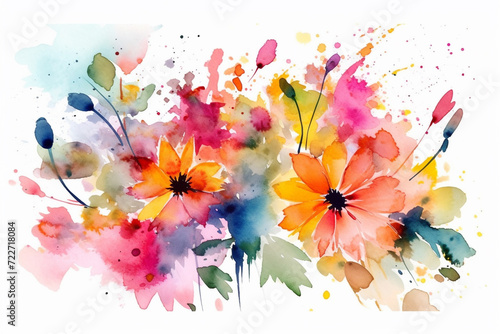 Nature concept. Colorful flowers in watercolor drawing style and white background with copy space