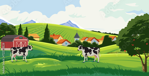 rural scene with cow farm on green grass, vector design of contryside with trees and mountains  photo