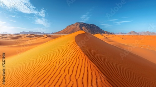  a sand dune in the middle of a desert under a blue sky with a mountain in the middle of it. © Olga